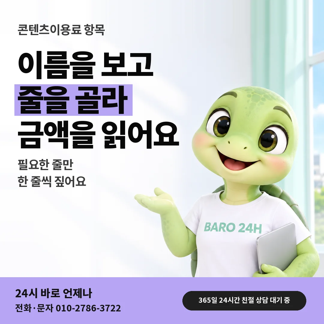 BARO 24H 티셔츠를 입은 3D 거북이 캐릭터 옆에 「콘텐츠이용료 고지서 항목 줄 읽기」 제목을 얹은 안내 카드